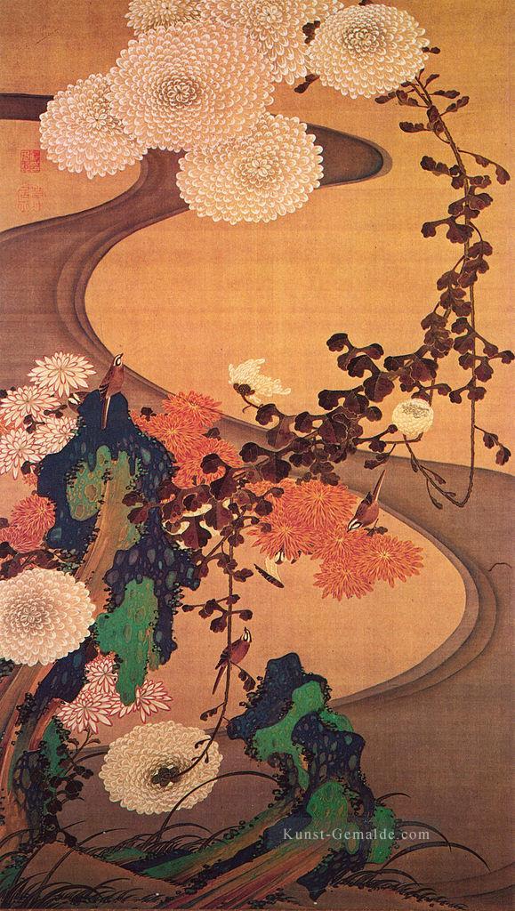Chrysanthemen durch einen Bach mit Felsen 1760 Ito Jakuchu Japanisch Ölgemälde
